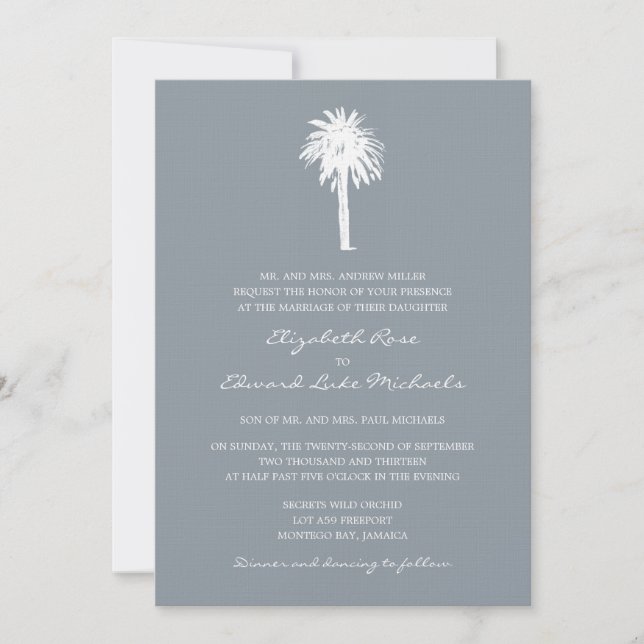 Classy Gray Palm Tree Destination Wedding Invitation (Front)