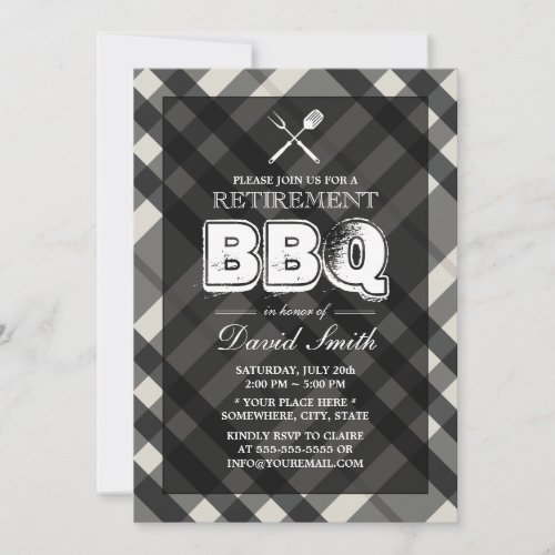 Classy Gray Plaid BBQ Retirement Party Invitations