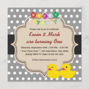 Classy Gray Polka Dots Rubber Ducky Twins Birthday Invitation