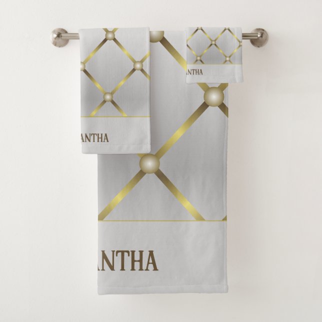 Classy Gray White And Gold Geometric Mesh Bath Towel Set (Insitu)