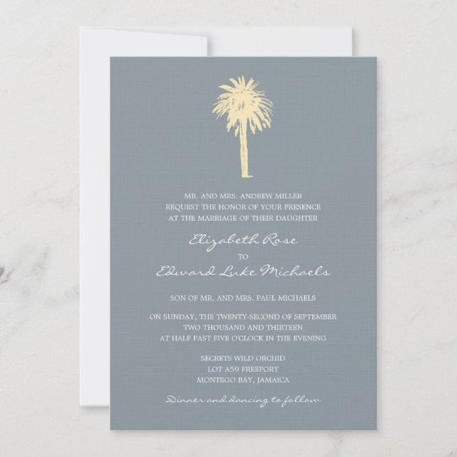 Classy Gray Yellow Palm Tree Destination Wedding Invitation (Front)