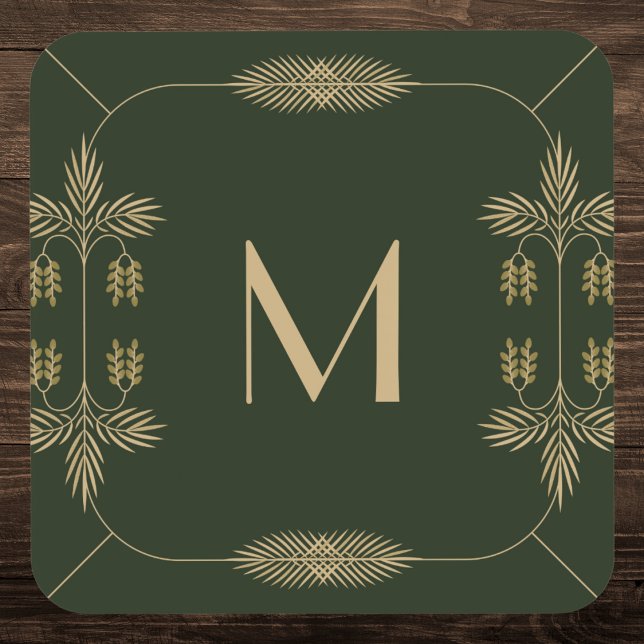 Classy Green and Gold Monogram Beverage Coaster (Creator Uploaded)