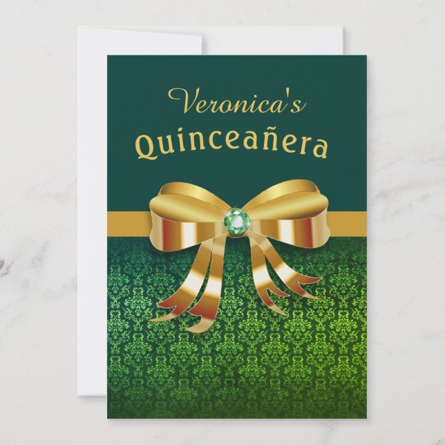 Classy Green and Gold Quinceanera Invitation (Back)