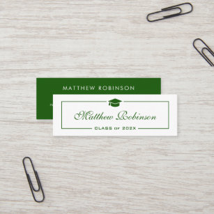 Classy Green and White Graduation Graduate Mini Business Card