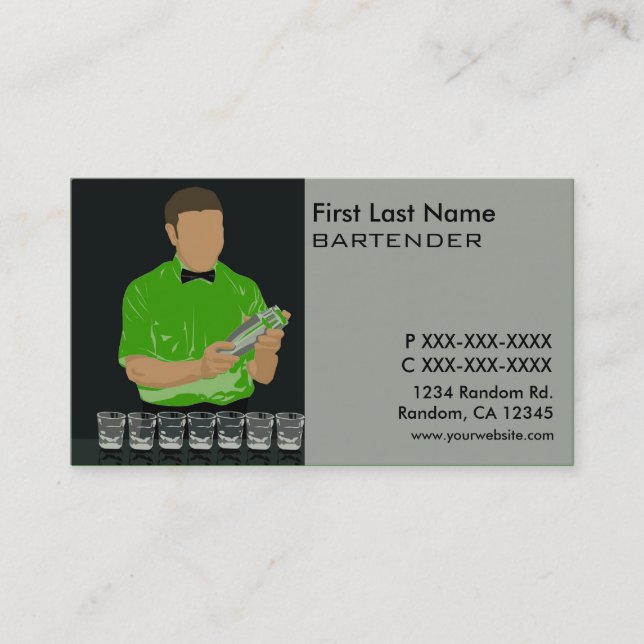 Classy green bartender business cards (Front)