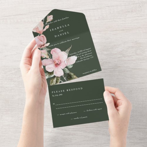 Classy Green Floral Magnolia Watercolor Wedding All In One Invitation