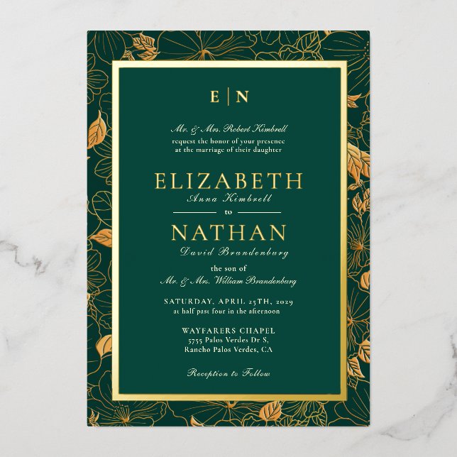 Classy Green & Gold Foliage Greenery Wedding  Foil Invitation (Front)