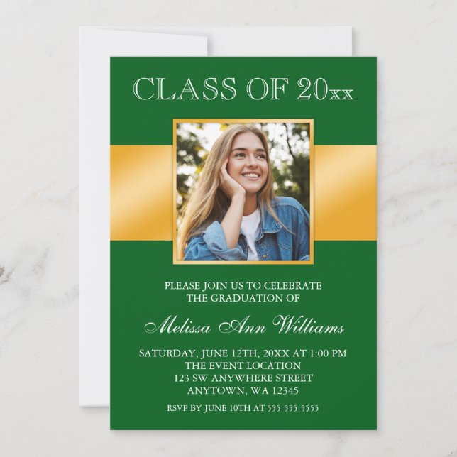 Classy Green Gold Photo Graduation Announcement (Front)