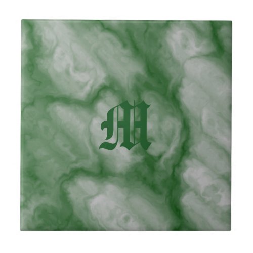 Classy Green Gray Faux Marble Monogram Ceramic Tile