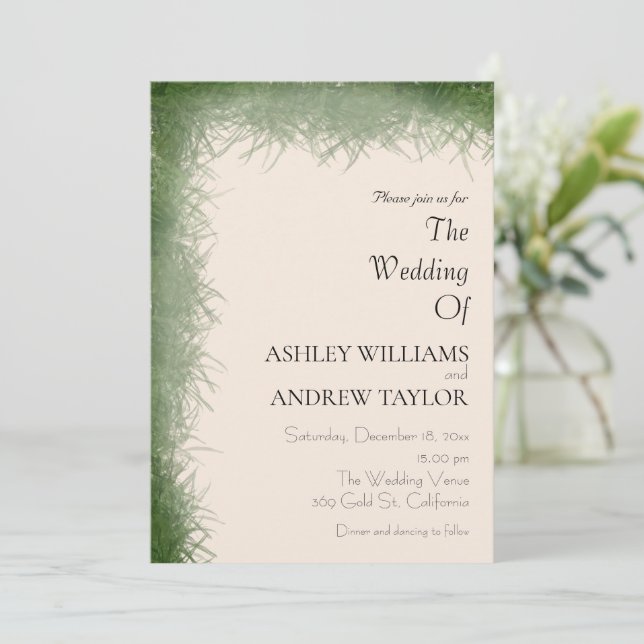 Classy Green Herb Pattern Beige Elegant Wedding Invitation (Standing Front)
