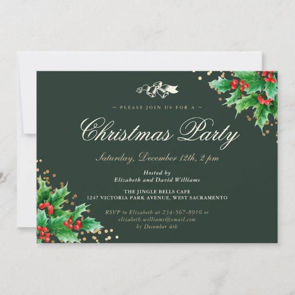 Classy Green Holly Berries Christmas Party Invitation