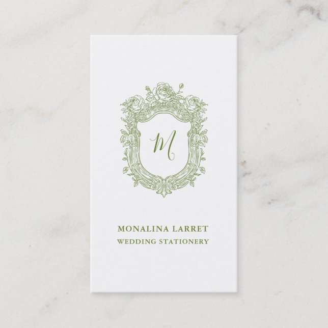 Classy Green Ornamental Roses Crest Monogram  Business Card (Front)