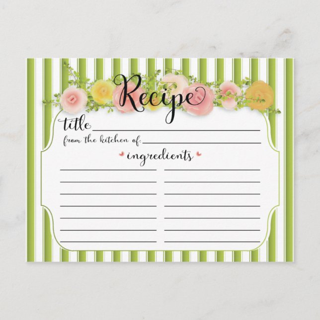 Classy Green Stripes with Roses Recipe Card (Front)