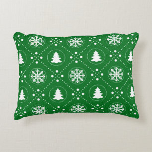 Classy Green White Snowflake Christmas Tree Design Decorative Pillow
