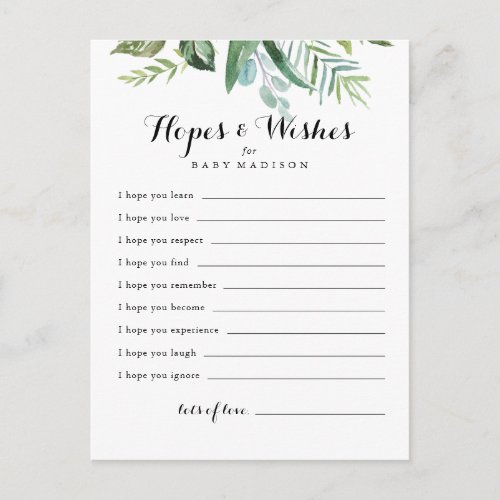 Classy Greenery Baby Shower Hopes  Wishes Card