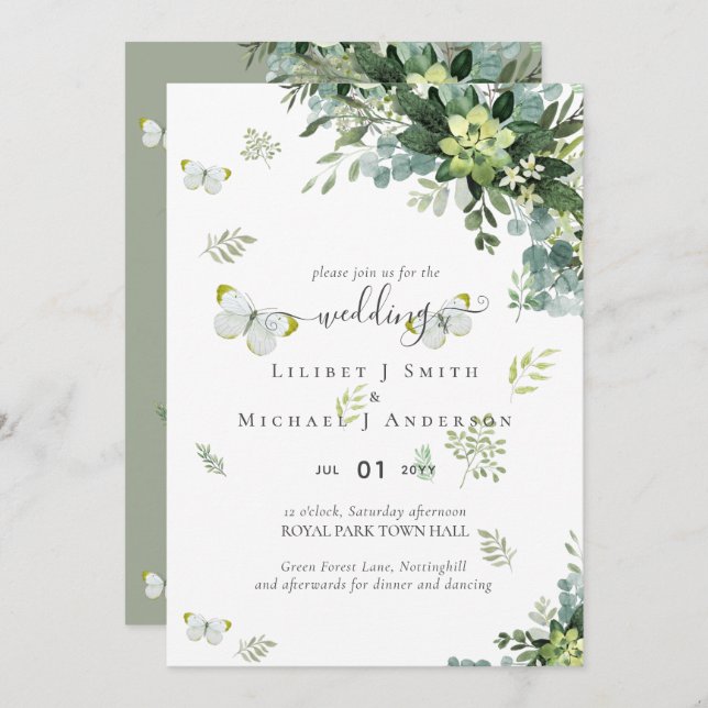 Classy Greenery Foliage Wedding Invitations Budget (Front/Back)