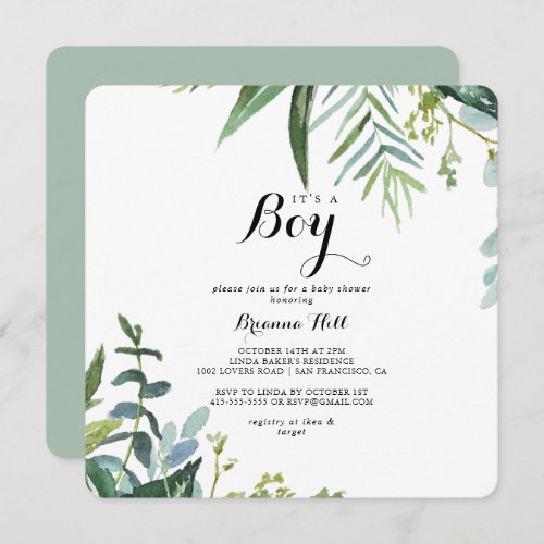 Classy Greenery Tropical Its A Boy Baby Shower Invitation