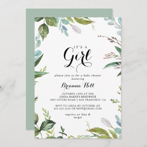 Classy Greenery Tropical Its A Girl Baby Shower Invitation