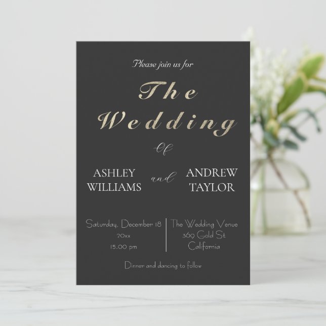 Classy Grey Elegant Gold Text Wedding  Invitation (Standing Front)