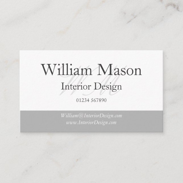 Classy Grey & White Monogram Business Card (Front)