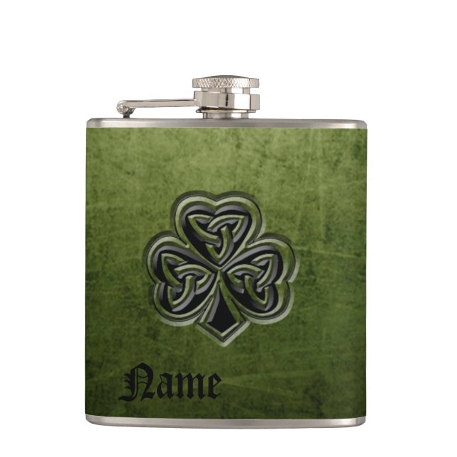 Classy grunge Irish lucky shamrock personalized Flask (Front)