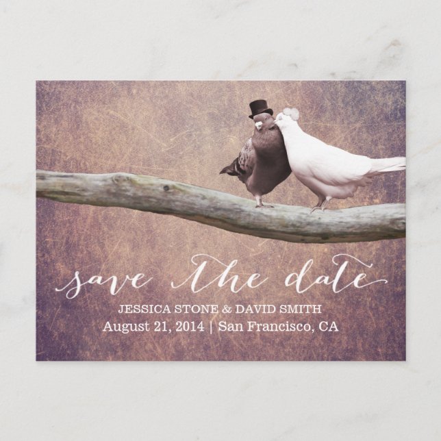 Classy Grunge Wedding Birds Save the Date Announcement Postcard (Front)
