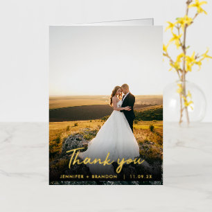 Classy Hand Written Gold Thank you   Wedding Photo Foil Greeting Card