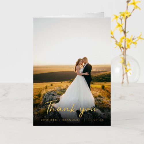 Classy Hand Written Gold Thank you  Wedding Photo Foil Greeting Card