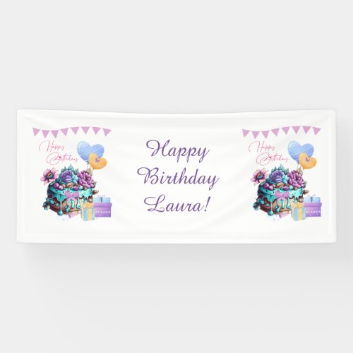 Classy Happy Birthday Cake Balloons Gifts Banner