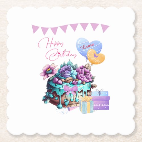 Classy Happy Birthday Cake Balloons Gifts Paper Coaster