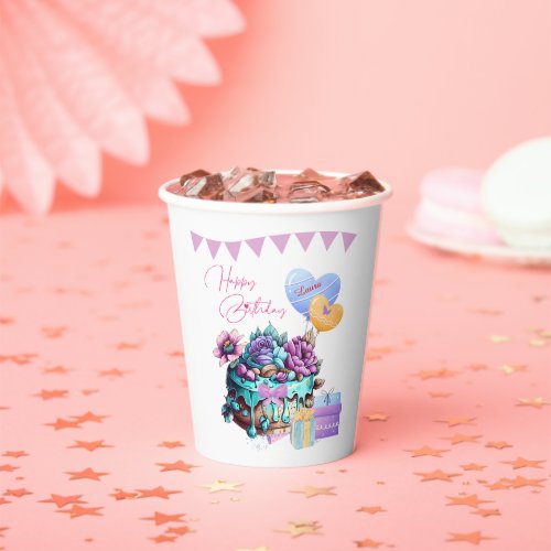 Classy Happy Birthday Cake Balloons Gifts Paper Cups