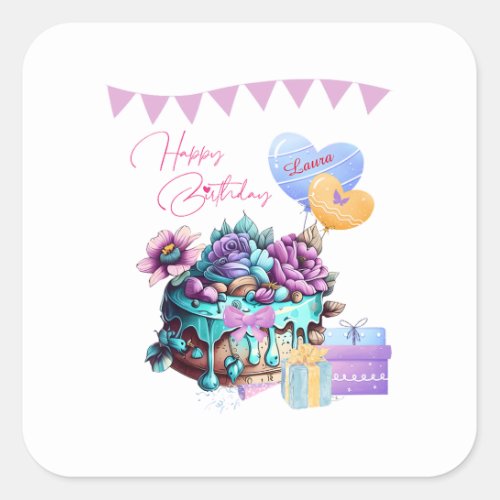 Classy Happy Birthday Cake Balloons Gifts Square Sticker
