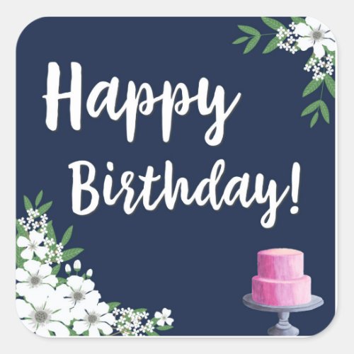 Classy Happy Birthday White Floral with Cake Square Sticker