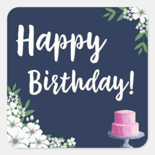 Classy Happy Birthday White Floral with Cake Square Sticker
