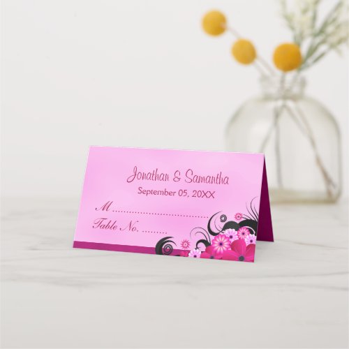 Classy Hibiscus Floral Light Fuchsia Folded Table Place Card