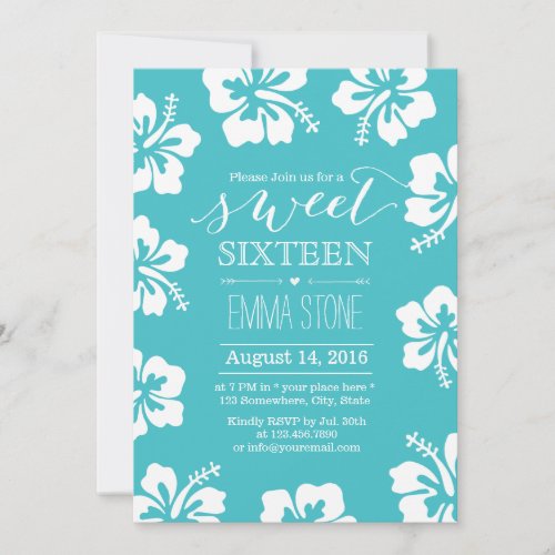 Classy Hibiscus Flower Turquoise Sweet 16 Birthday 5x7 Paper Invitation Card