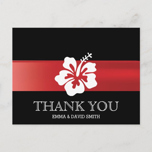 Classy Hibiscus Red Ribbon Wedding Thank You Postcard (Front)