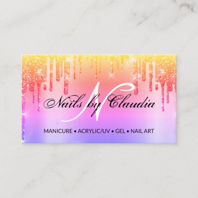 Classy holographic glitter script business card (Front)