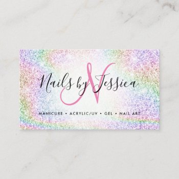 Classy Holographic Rainbow Glitter Elegant Script Business Card by moodii at Zazzle
