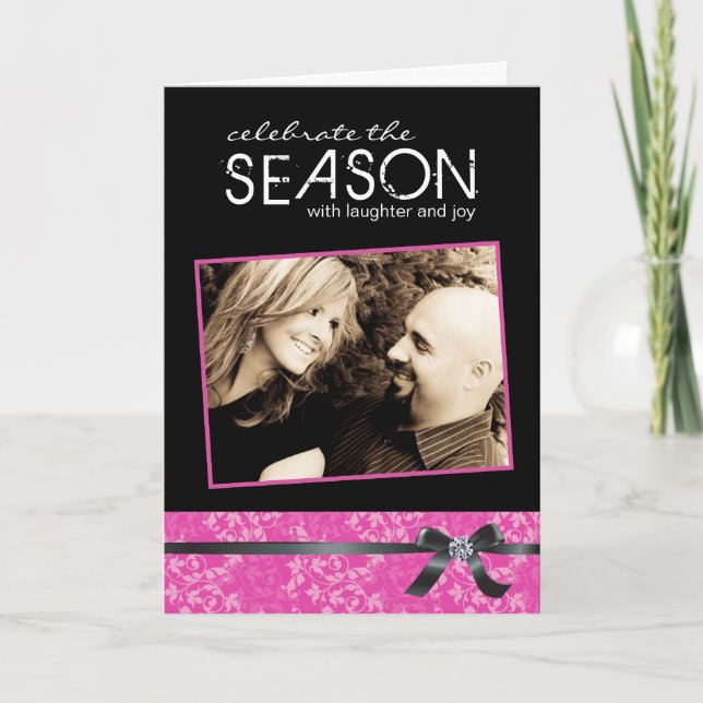 Classy Hot Pink and Black Holiday Photo Card (Front)