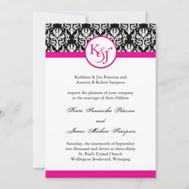 Classy Hot Pink Damask Wedding Invitation Template | Zazzle