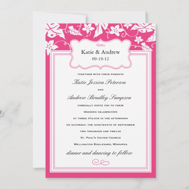 Classy Hot Pink Wedding Invitation Template (Front)