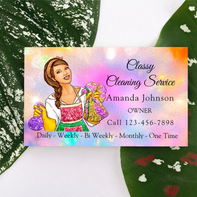 Classy House Cleaning Service Maid Holographic Business Card (Classy House Cleaning Service Maid Holographic Business Card)