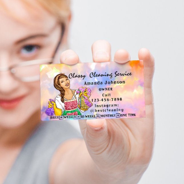 Classy House  Cleaning Service Maid Pink Holograph Business Card (Classy House Cleaning Service Maid Pink Holograph Business Card)