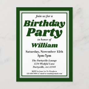 Classy Hunter Green Adult Birthday Party Invitation Postcard