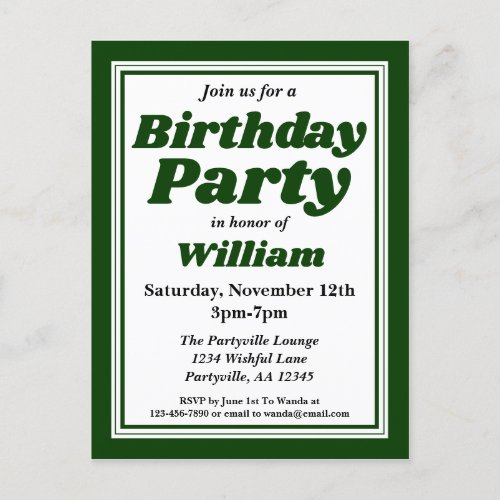 Classy Hunter Green Adult Birthday Party Invitation Postcard