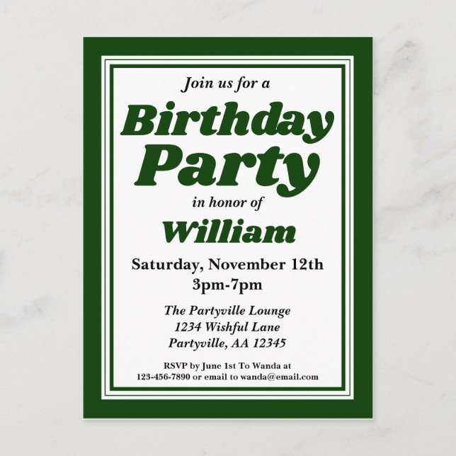 Classy Hunter Green Adult Birthday Party Invitation Postcard (Front)