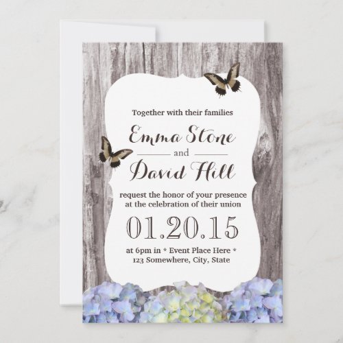 Classy Hydrangea Flowers Wood Background Wedding Invitation