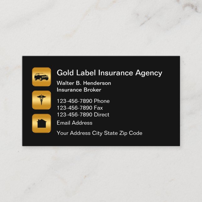 Classy Insurance Agent Gold Tone Design Business Card (Front)