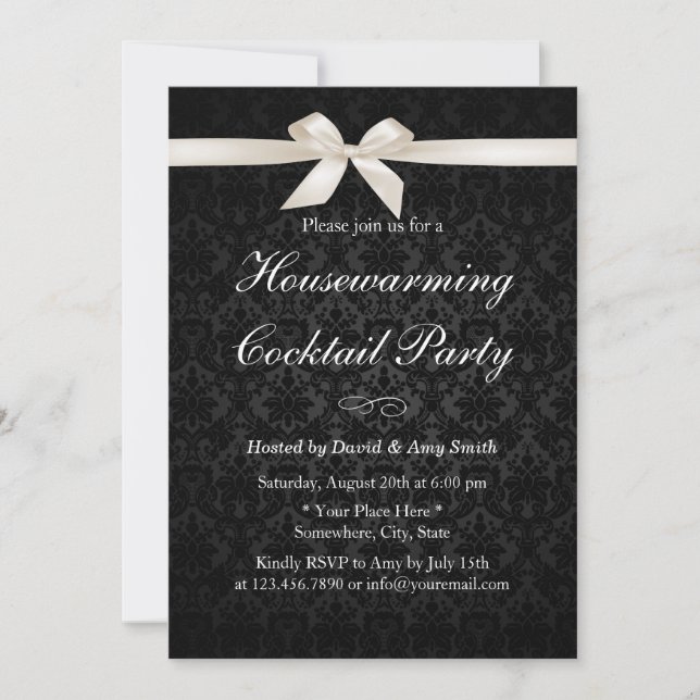 Classy Ivory Ribbon Dark Damask Housewarming Party Invitation (Front)